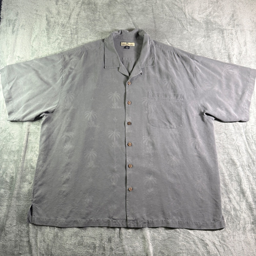 Tommy Bahama XXL Silk Gray Palm Tree Camp Shirt Button Down Shirt - Picture 2 of 8